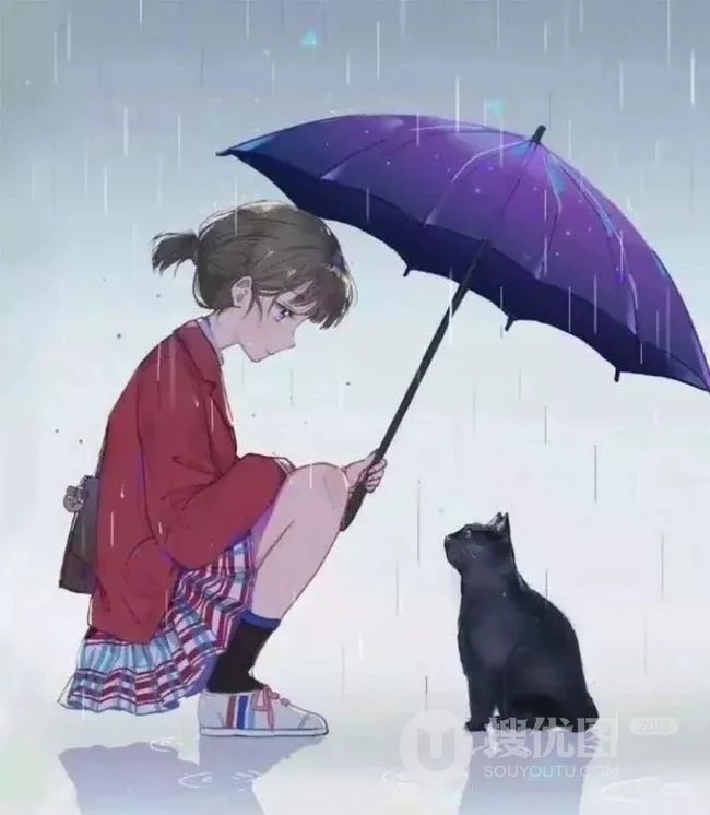雨天行走的二次元动漫少女，女孩手拿雨伞下雨天超美意境图片