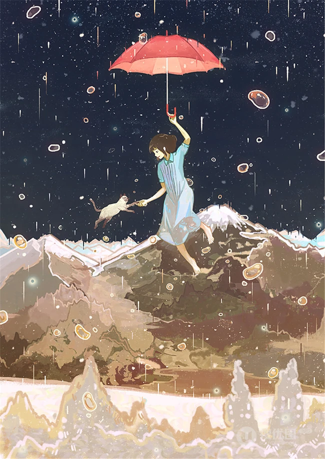 雨天行走的二次元动漫少女，女孩手拿雨伞下雨天超美意境图片