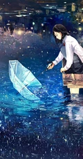雨天行走的二次元动漫少女，女孩手拿雨伞下雨天超美意境图片