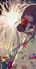 浪漫烟花下的动漫和服女生高清壁纸图片，和服，少女，夏日祭