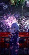 浪漫烟花下的动漫和服女生高清壁纸图片，和服，少女，夏日祭
