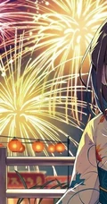 浪漫烟花下的动漫和服女生高清壁纸图片，和服，少女，夏日祭
