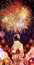 浪漫烟花下的动漫和服女生高清壁纸图片，和服，少女，夏日祭