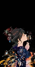 浪漫烟花下的动漫和服女生高清壁纸图片，和服，少女，夏日祭