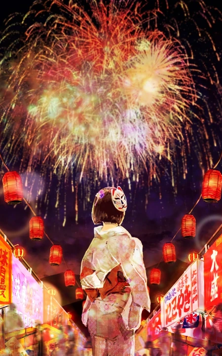 浪漫烟花下的动漫和服女生高清壁纸图片，和服，少女，夏日祭