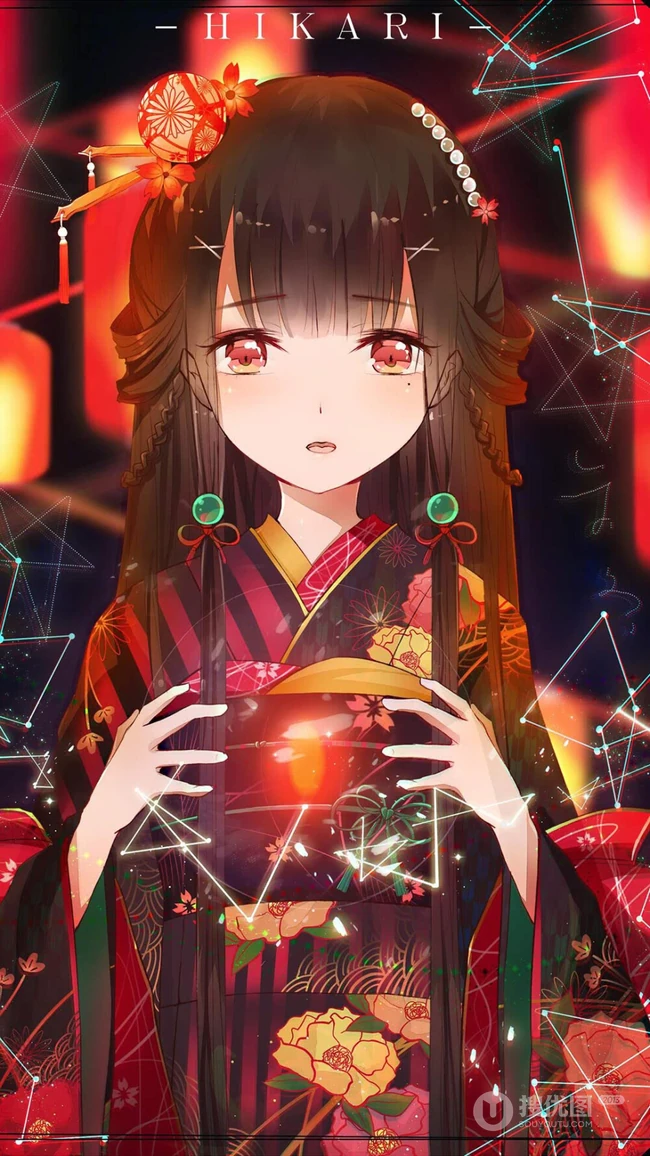 浪漫烟花下的动漫和服女生高清壁纸图片，和服，少女，夏日祭