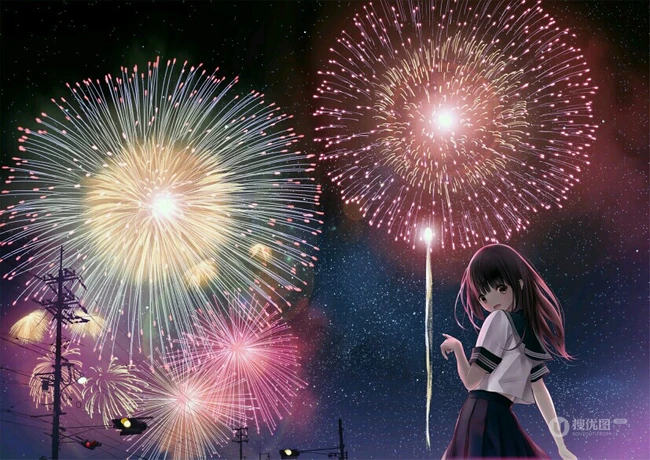 浪漫烟花下的动漫和服女生高清壁纸图片，和服，少女，夏日祭