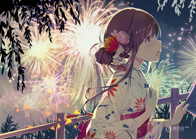 浪漫烟花下的动漫和服女生高清壁纸图片，和服，少女，夏日祭