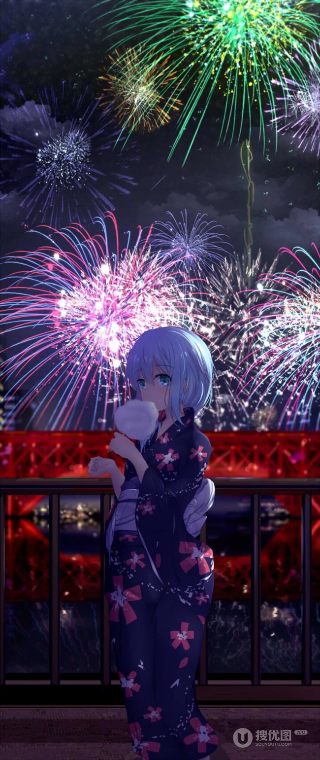 浪漫烟花下的动漫和服女生高清壁纸图片，和服，少女，夏日祭