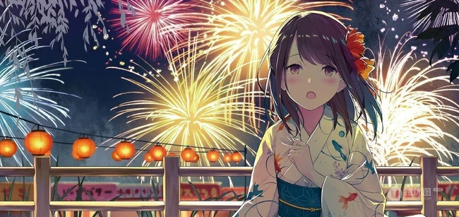 浪漫烟花下的动漫和服女生高清壁纸图片，和服，少女，夏日祭