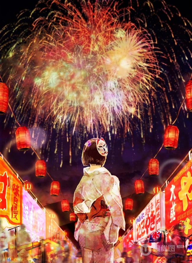 浪漫烟花下的动漫和服女生高清壁纸图片，和服，少女，夏日祭