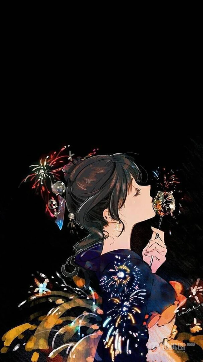 浪漫烟花下的动漫和服女生高清壁纸图片，和服，少女，夏日祭