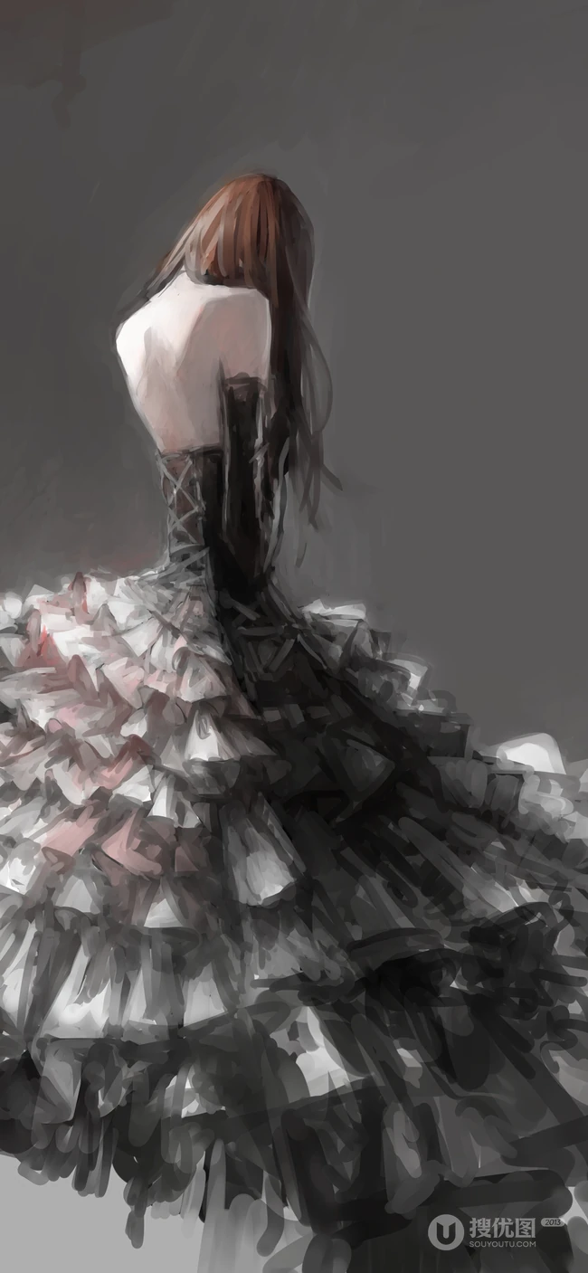 动漫插画穿黑色百褶晚礼裙的美女动漫手机壁纸