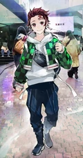 日本火热动漫《鬼灭之刃》人物穿现代时装的创意插画图片