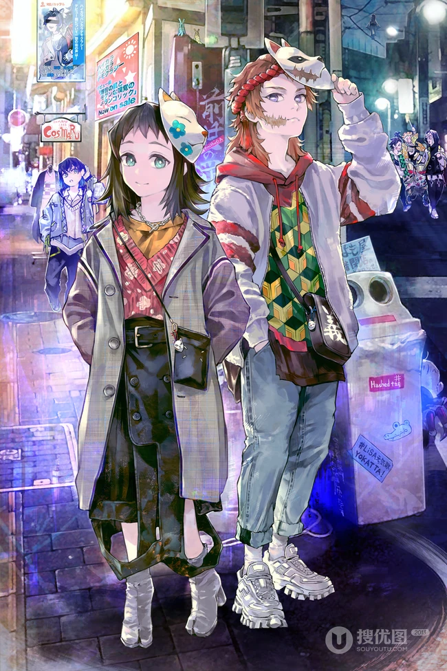 日本火热动漫《鬼灭之刃》人物穿现代时装的创意插画图片
