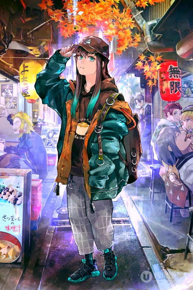 日本火热动漫《鬼灭之刃》人物穿现代时装的创意插画图片