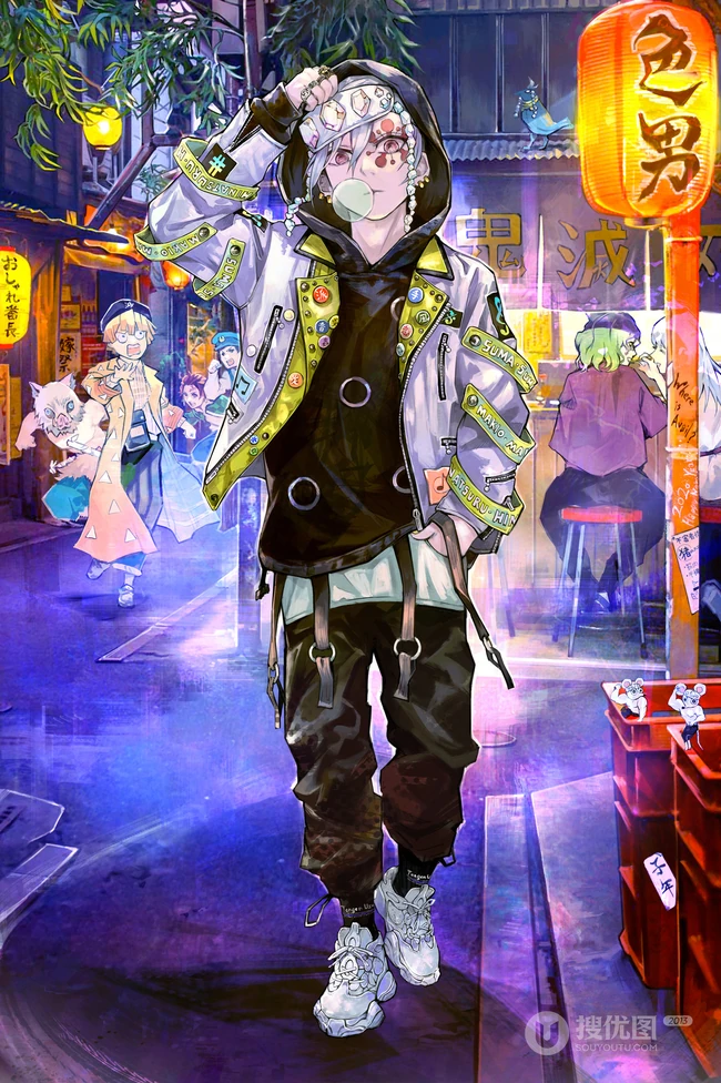 日本火热动漫《鬼灭之刃》人物穿现代时装的创意插画图片