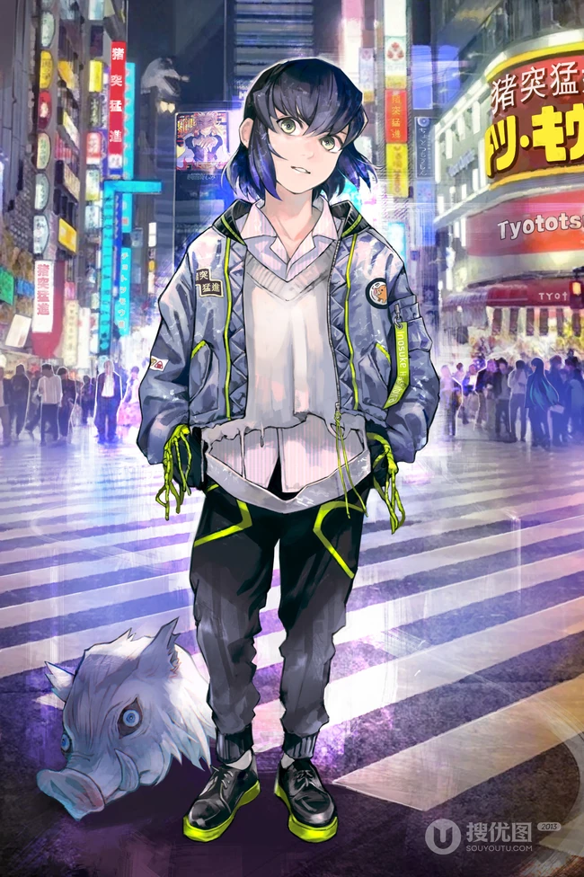 日本火热动漫《鬼灭之刃》人物穿现代时装的创意插画图片