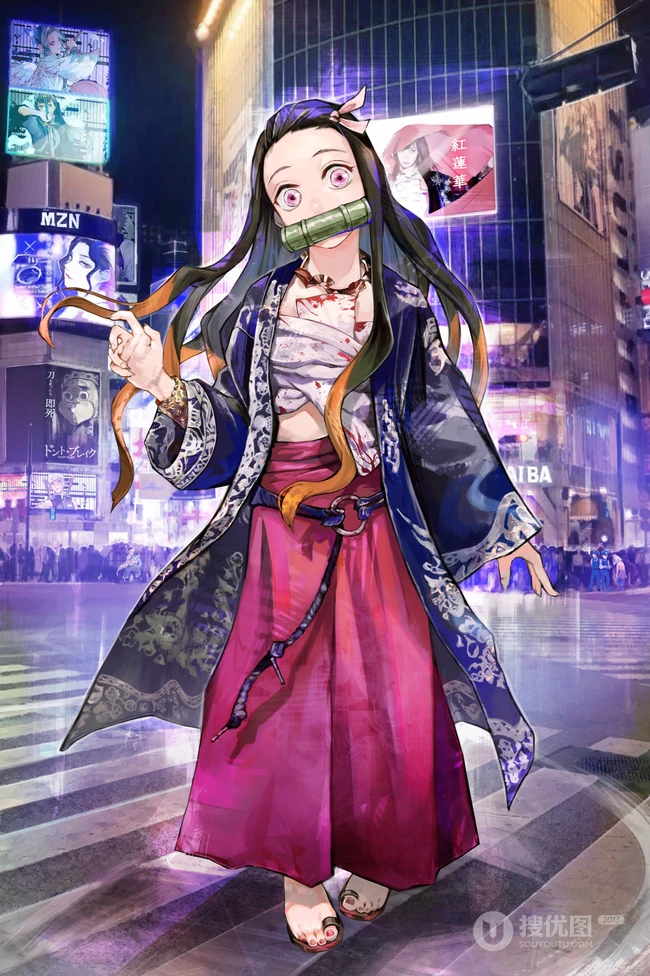 日本火热动漫《鬼灭之刃》人物穿现代时装的创意插画图片