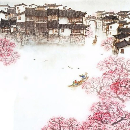 唯美桃花，桃花渡、桃花圃、桃花扇古风场景意境插画图片