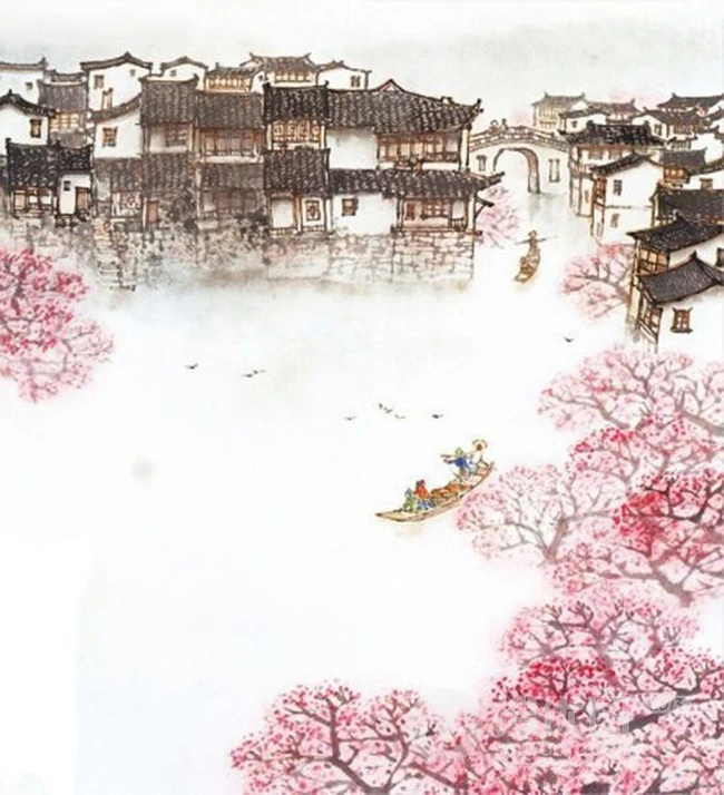 唯美桃花，桃花渡、桃花圃、桃花扇古风场景意境插画图片