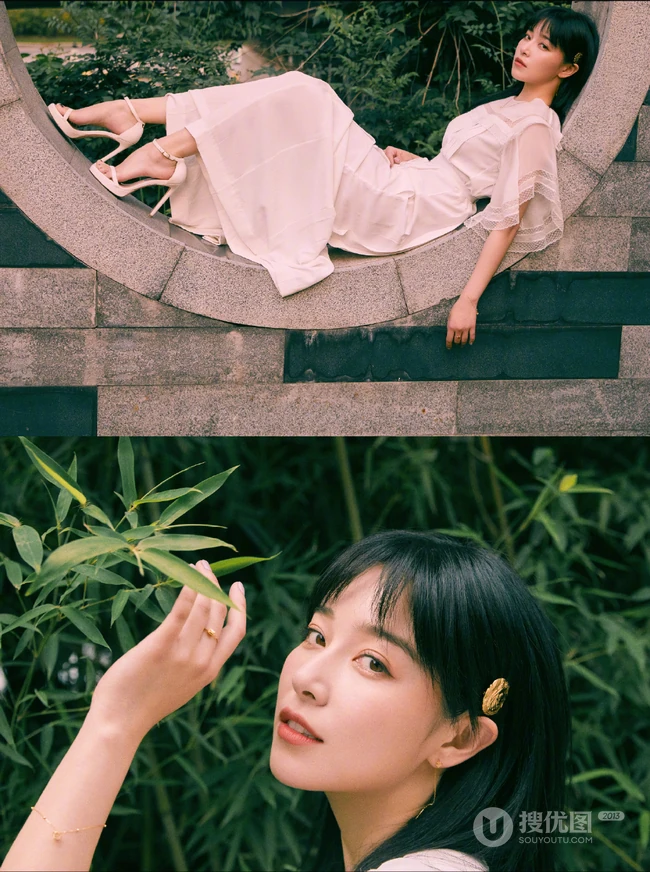 一袭白裙的阚清子清新灵动户外公园唯美动人写真图片