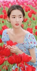 王玉雯清新小碎花裙户外郁金香花园唯美动人写真图片