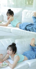 肉肉又气质的可爱丸子头微胖少女居家吃蛋糕俏皮写真图片