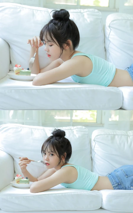 肉肉又气质的可爱丸子头微胖少女居家吃蛋糕俏皮写真图片