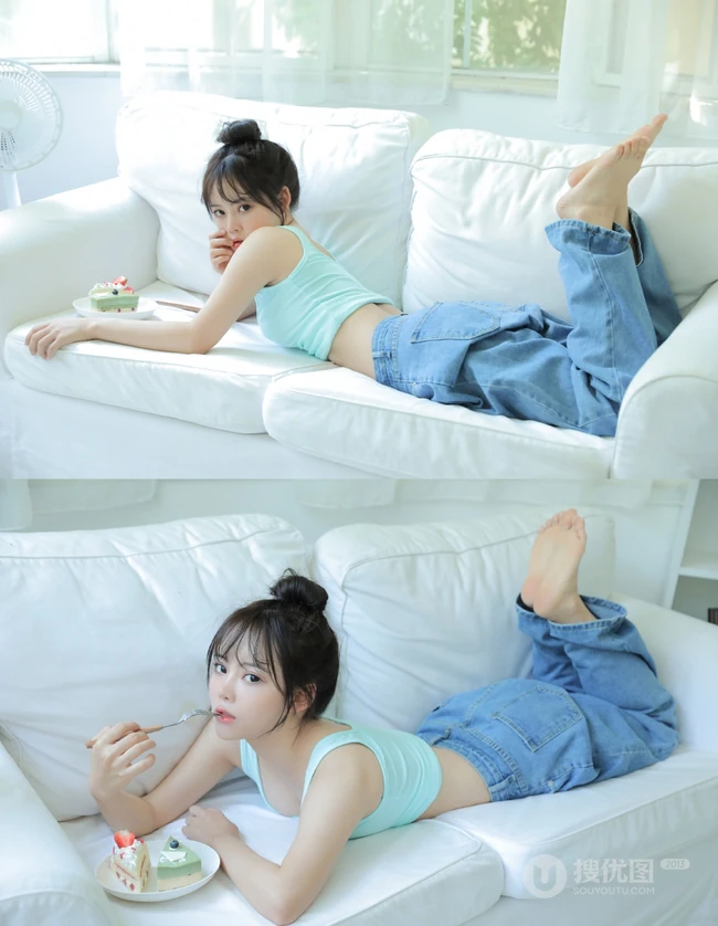 肉肉又气质的可爱丸子头微胖少女居家吃蛋糕俏皮写真图片