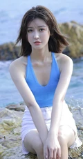 海边礁石上戏水的清凉蓝色背心短裤女生气质唯美写真图片