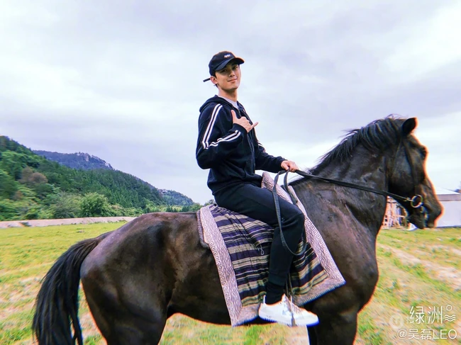 吴磊休闲运动装扮骑马图片