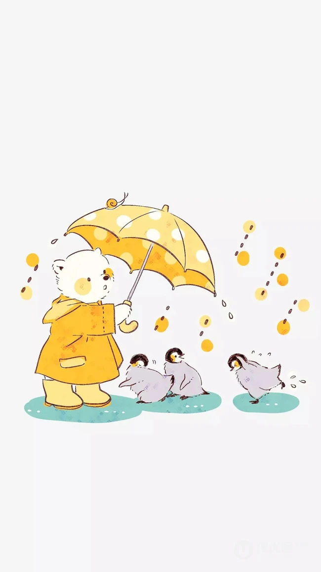 下雨天拿着一把伞帮助小企鹅的可爱卡通白熊图片 第1张