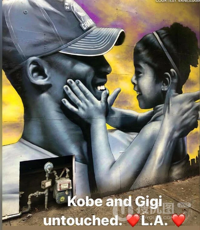 不受洛杉矶爆发游行示威影响，科比和女儿GIGI的壁画保存完好