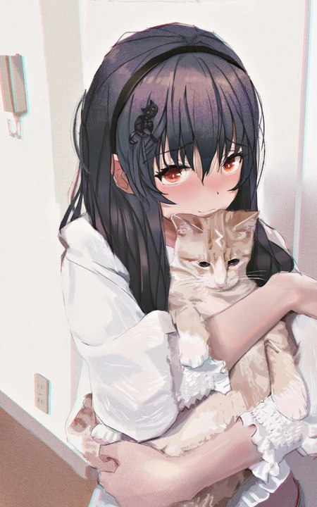 猫与少女，手抱猫咪的二次元少女插画图片