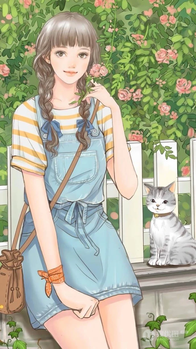 猫与少女，手抱猫咪的二次元少女插画图片