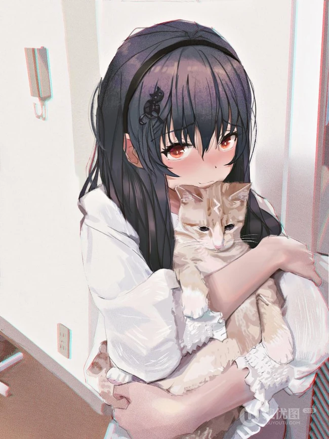 猫与少女，手抱猫咪的二次元少女插画图片