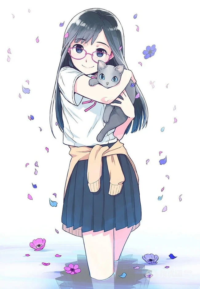 猫与少女，手抱猫咪的二次元少女插画图片