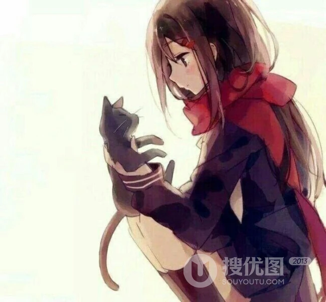猫与少女，手抱猫咪的二次元少女插画图片