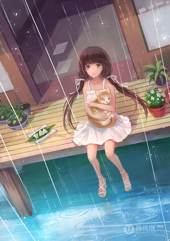 猫与少女，手抱猫咪的二次元少女插画图片