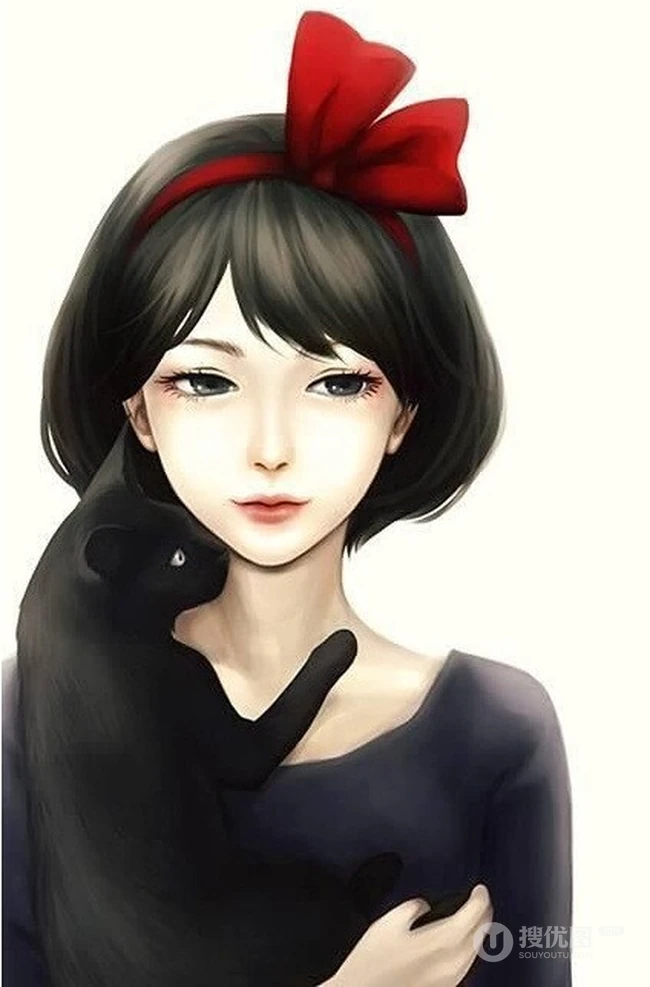 猫与少女，手抱猫咪的二次元少女插画图片