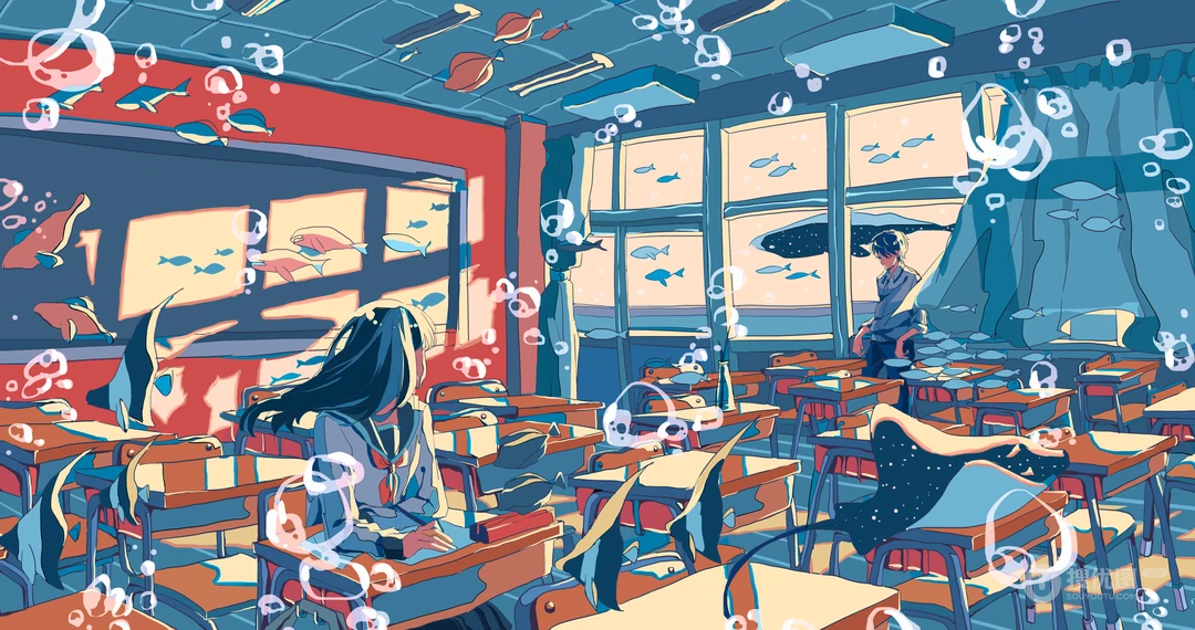 插画师心中的海底泡泡世界创意动漫手绘桌面壁纸