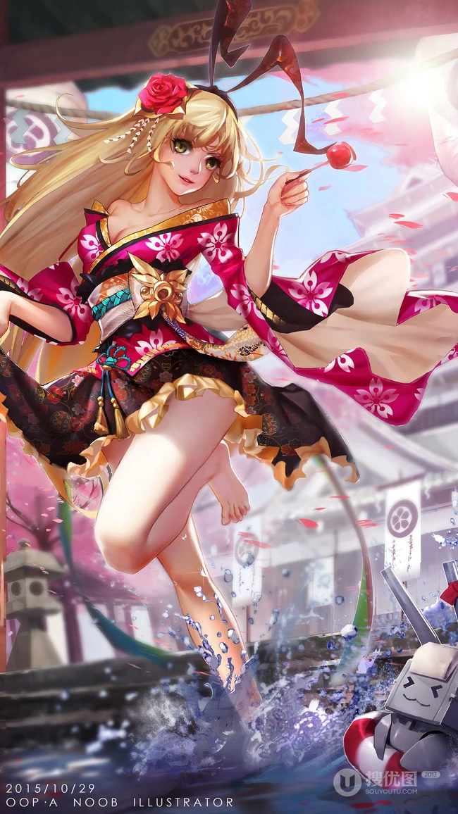 日本风格动漫少女插画手机壁纸，穿和服的动漫少女