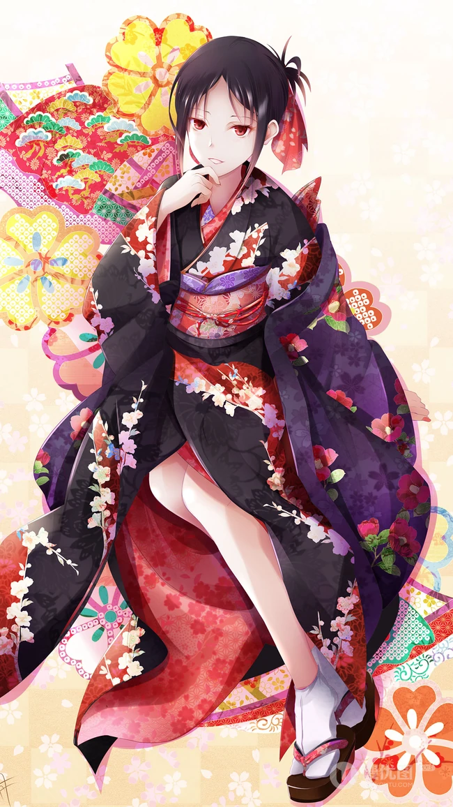 日本风格动漫少女插画手机壁纸，穿和服的动漫少女