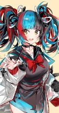 蓝红黑色炫彩发色的创意动漫少女插画手机壁纸