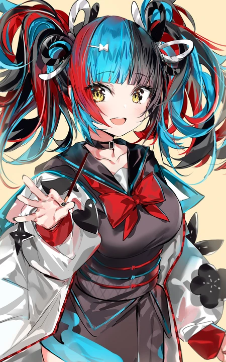 蓝红黑色炫彩发色的创意动漫少女插画手机壁纸