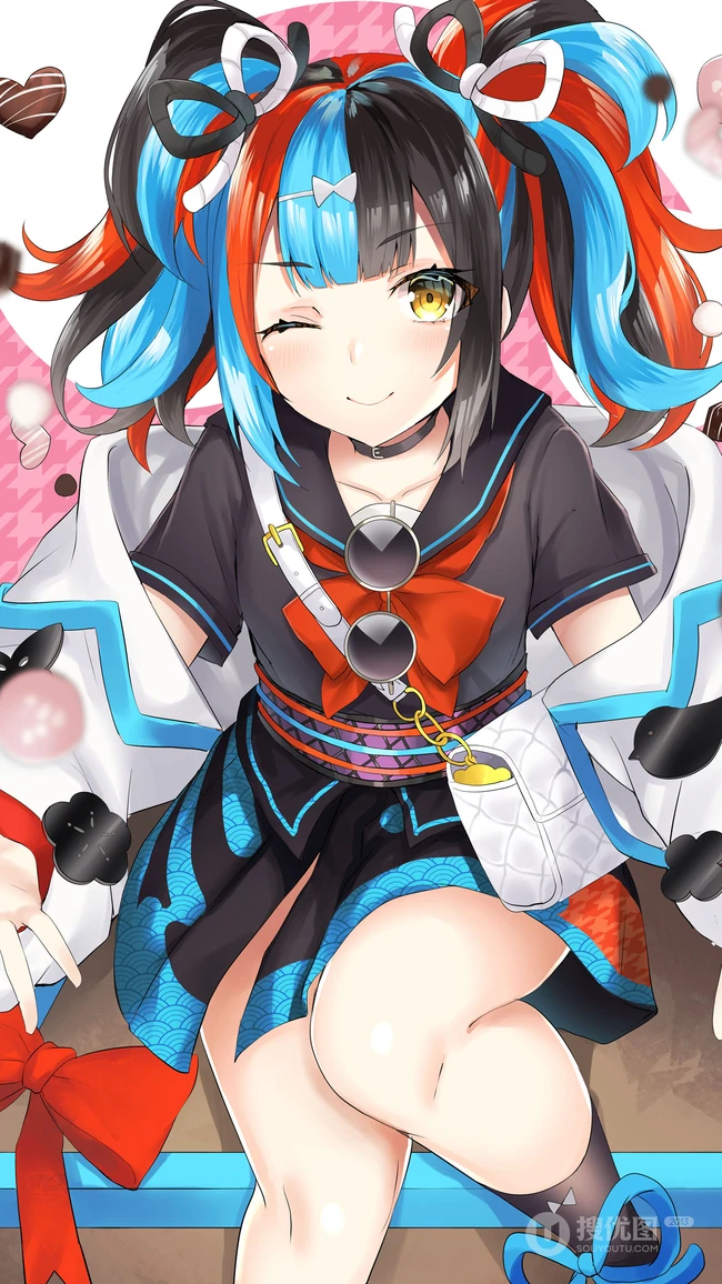 蓝红黑色炫彩发色的创意动漫少女插画手机壁纸