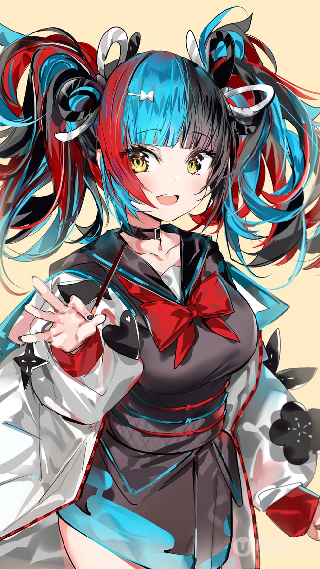 蓝红黑色炫彩发色的创意动漫少女插画手机壁纸