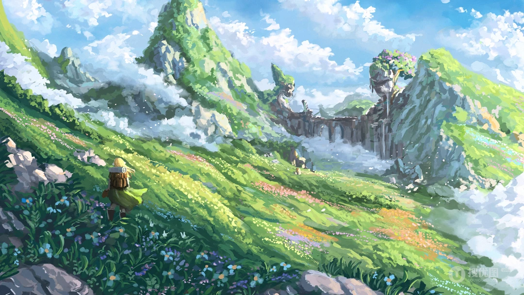 画卷中的唯美山水，油彩山水桌面壁纸图片