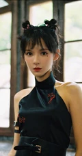 张予曦黑色露肩韵味古典旗袍写真图片，眼角星星妆容古灵俏皮